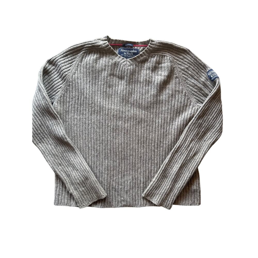 Abercrombie & Fitch Taupe Ribbed XL Muscle Cotton Wool Blend V-neck Sweater